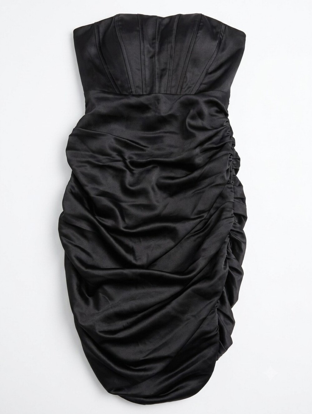 Hebeos Black Satin Strapless Maxi Dress – Ruched Corset Bodice Gown, Size US 10